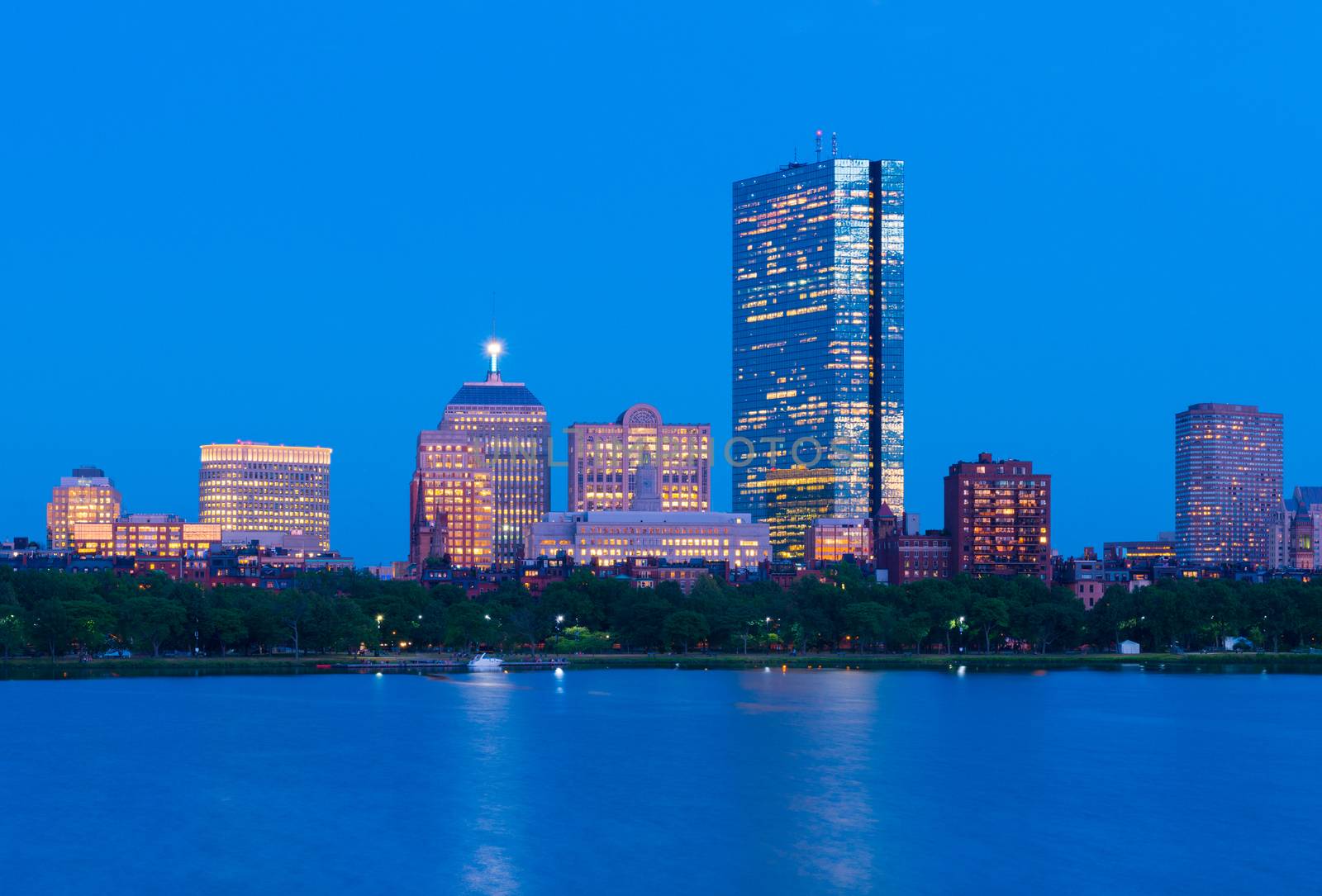 Boston skyline at dusk. Office buildings in Back Bay. Urban panorama in the evening. Massachusetts, USA