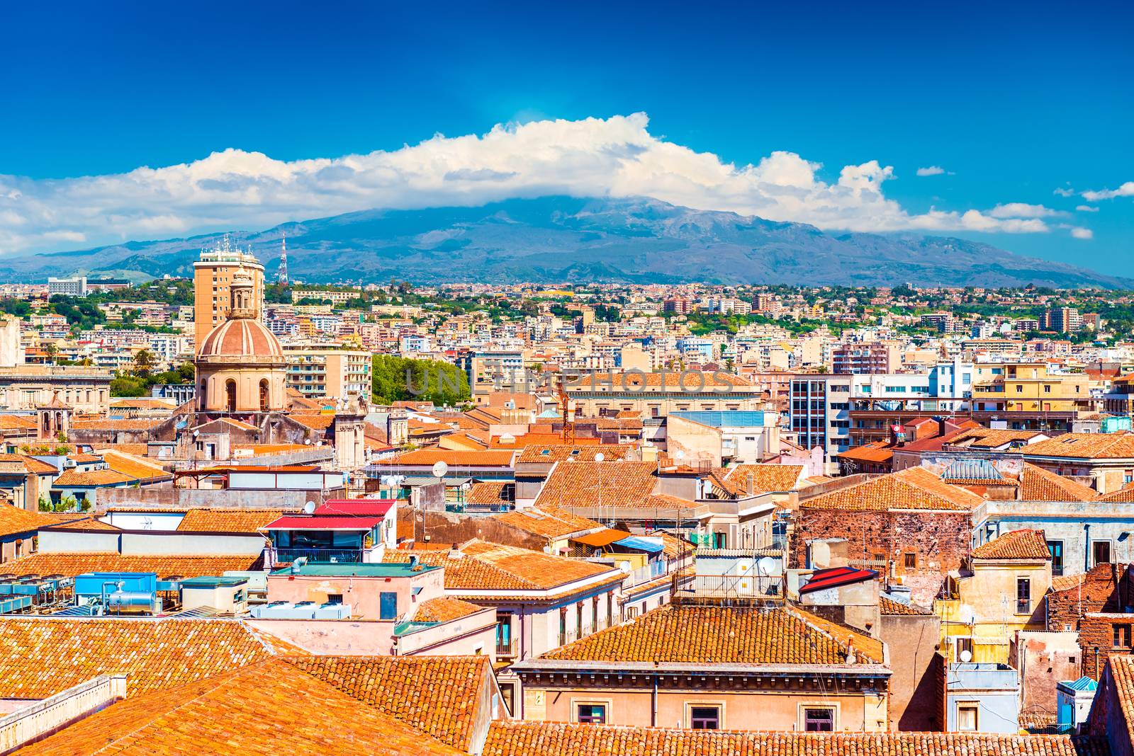 Aerial panorama of Catania and Vulcano Etna on the background, Sicily, Italy
