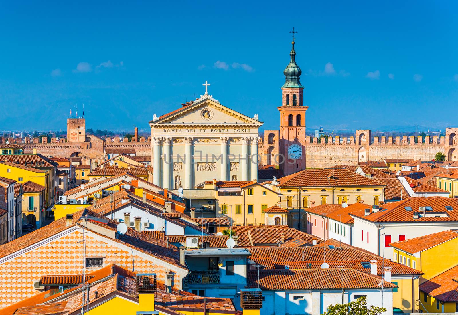 Panorama of the walled city of Cittadella. Cityscape of the medieval Italian town. (Text on the cathedral in Latin: Temple of Heaven and the Gate) Province of Padua. Northern Italy.