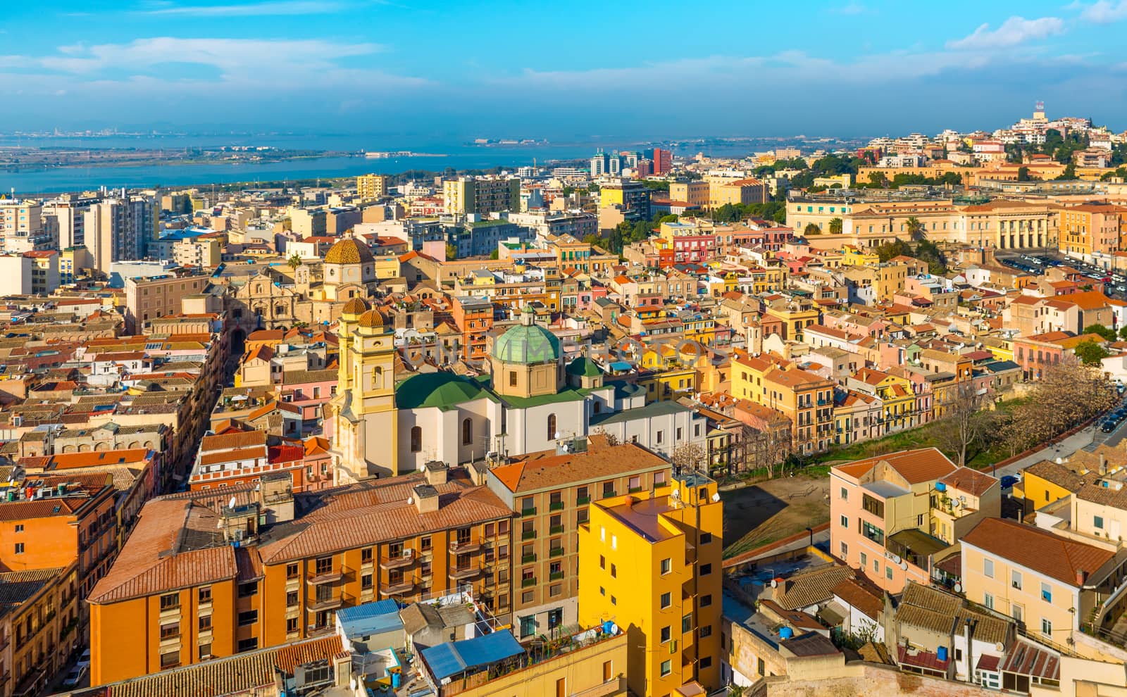 Cityscape of historic center in Cagliari, the biggest city on Sardinia Island, aerial view, wide angle panorama