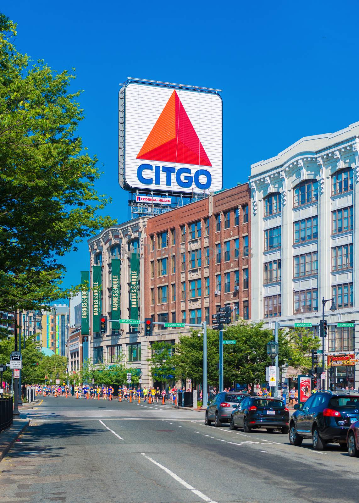 Boston, Massachusetts - June of 2016, USA: Boston Marathon, view of Kenmore Square and big Citgo sign