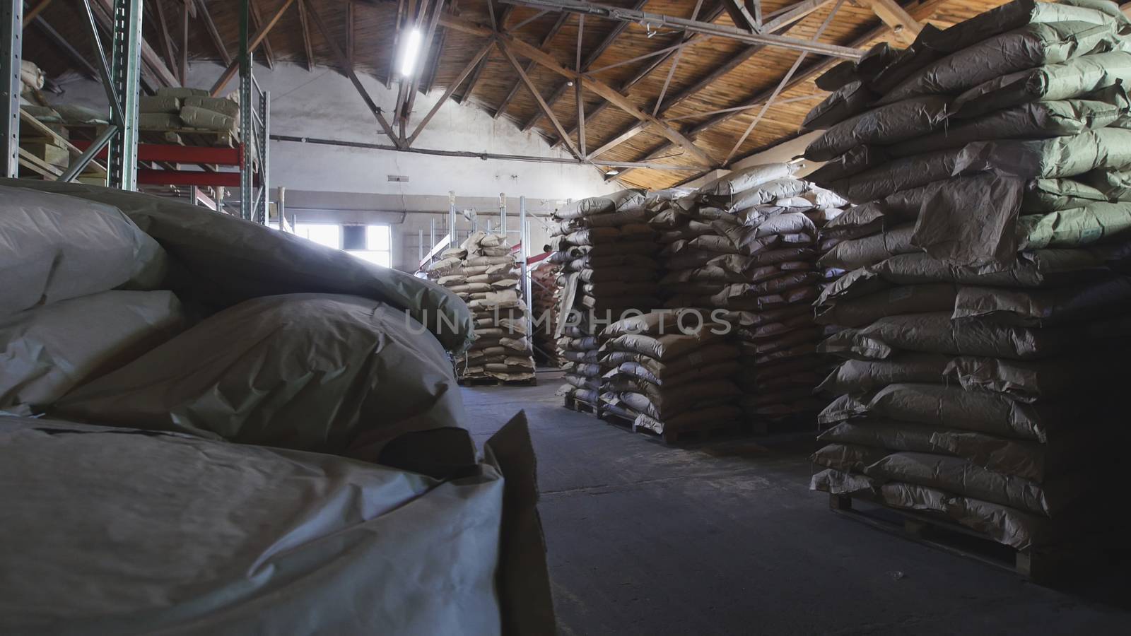 The large warehouse with packs of pasta at the macaroni manufacturing, close up