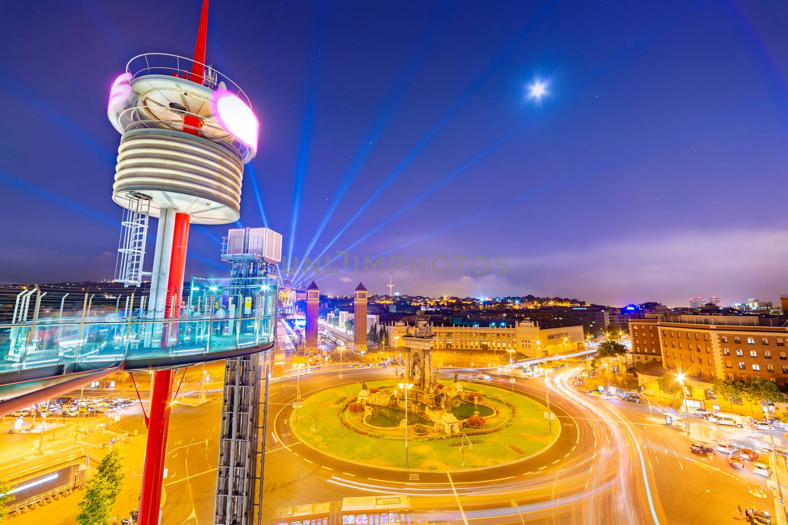 Barcelona - June 2015, Spain: Night view of the Central Square (Plaça d'Espanya) from the trade center Arenas de Barcelona