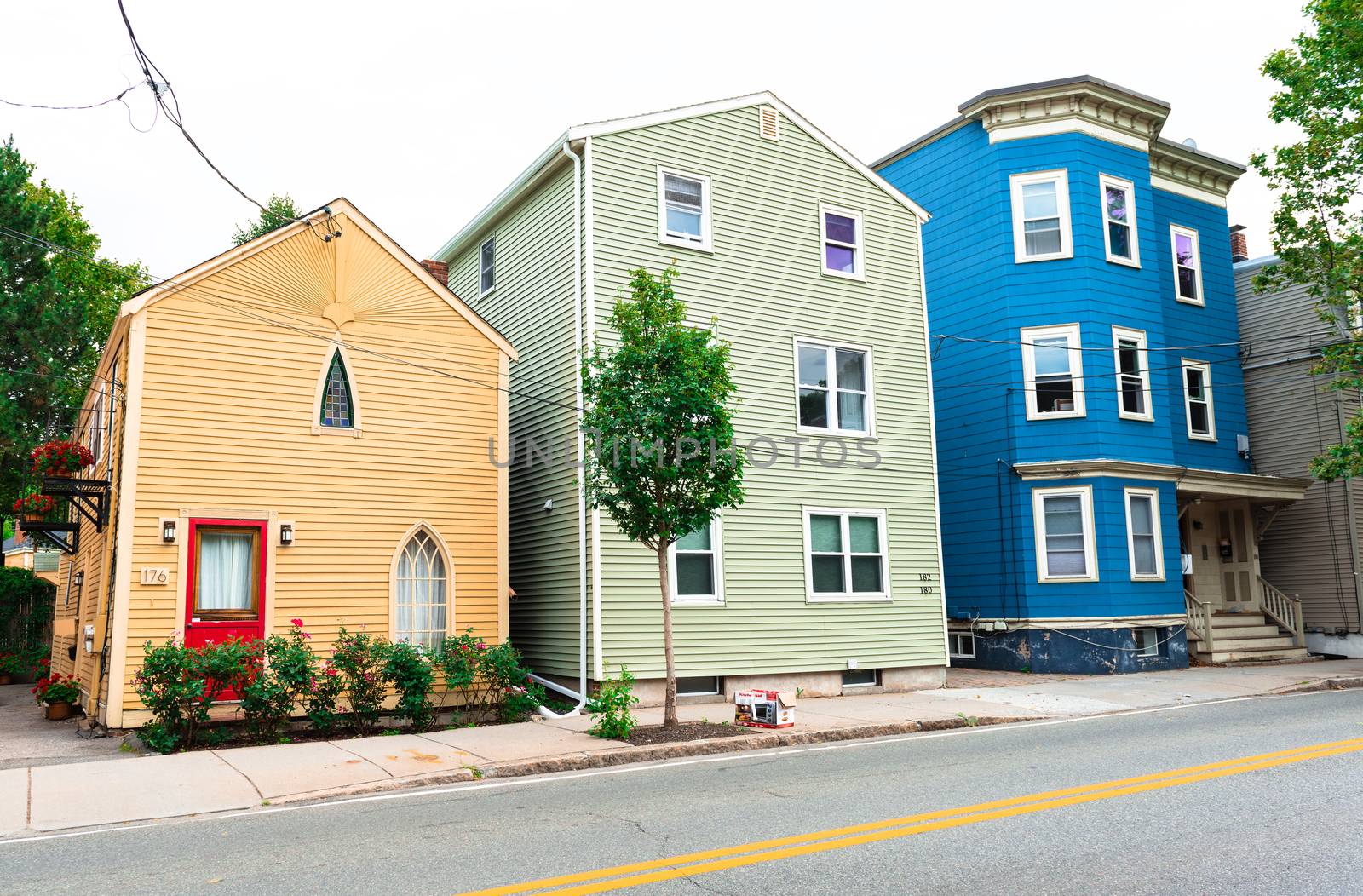 Boston - July 2016, MA, USA: Colored residential houses in Boston neighborhoods