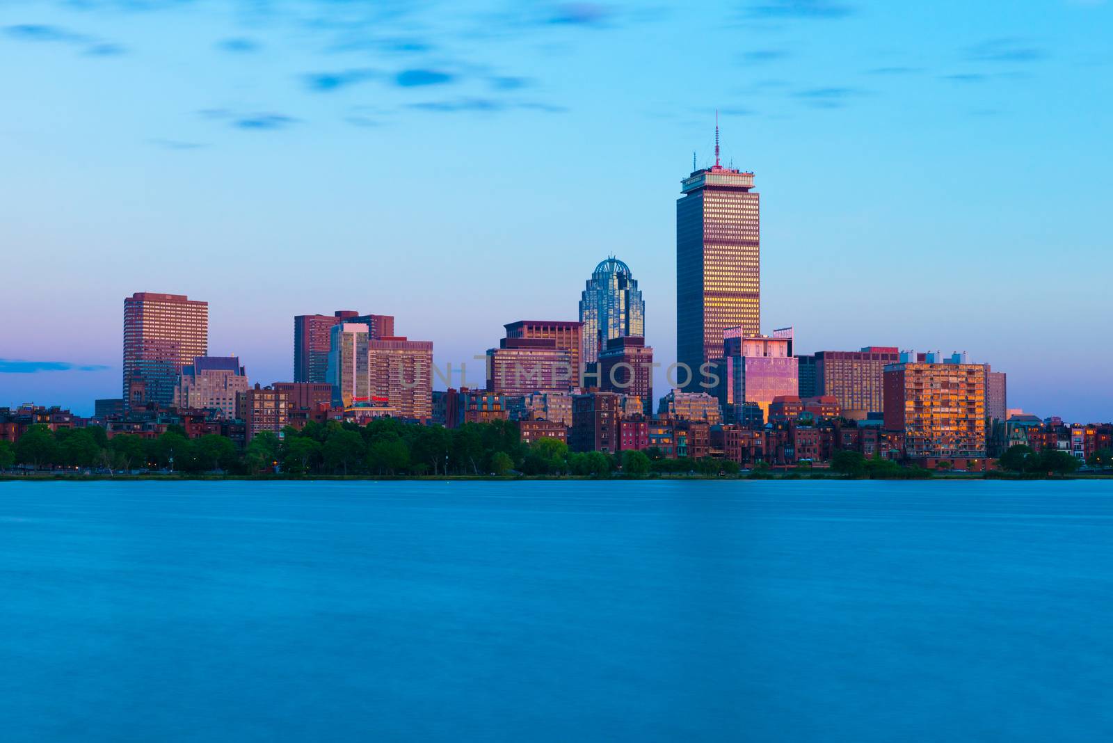 Boston - June 2016, MA, USA: Cityscape at sunset. Prudential Tower and surrounding buildings in Boston Back Bay. Urban panorama in the evening