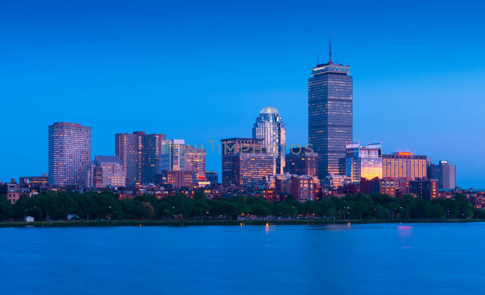 Boston - June 2016, MA, USA: Boston skyline at the evening. Skyscrapers and office buildings in Back Bay surroundings