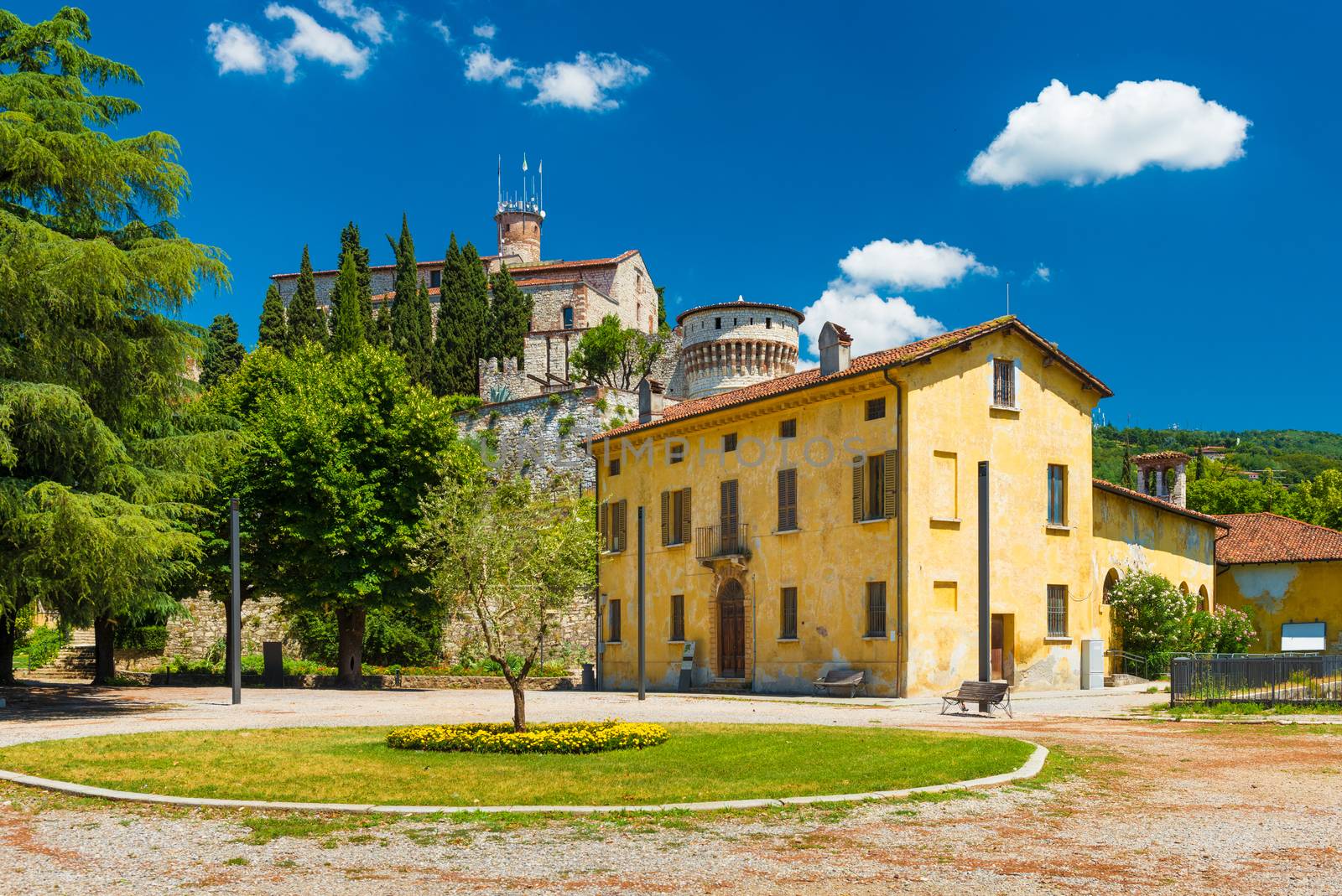 Brescia - July 2017, Italy: The Castle of Brescia and surrounding buildings