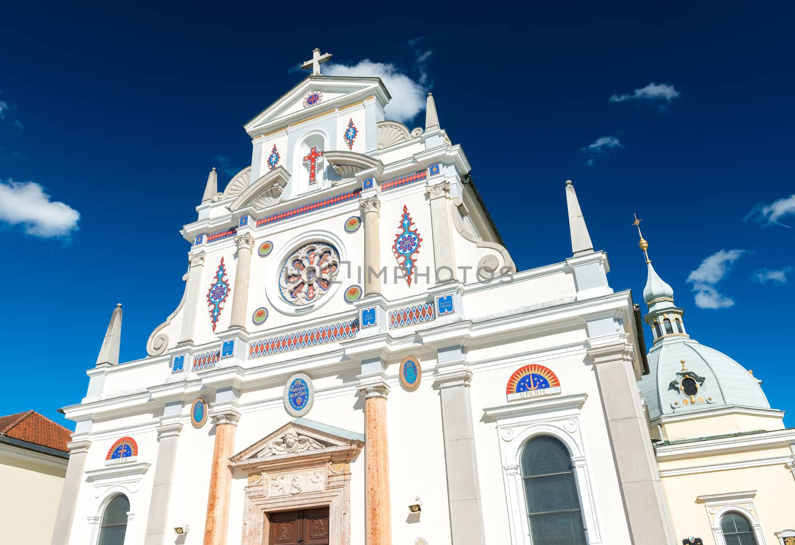 Brezje - May 2017, Radovljica, Slovenia: The Basilica of St. Mary Help against the blue sky
