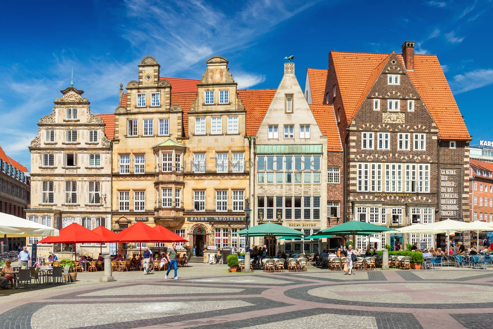 Bremen - July 2018, Germany: Historical houses in traditional architecture style, the main square of the city. One of the most famous cities in the Northern part of Germany
