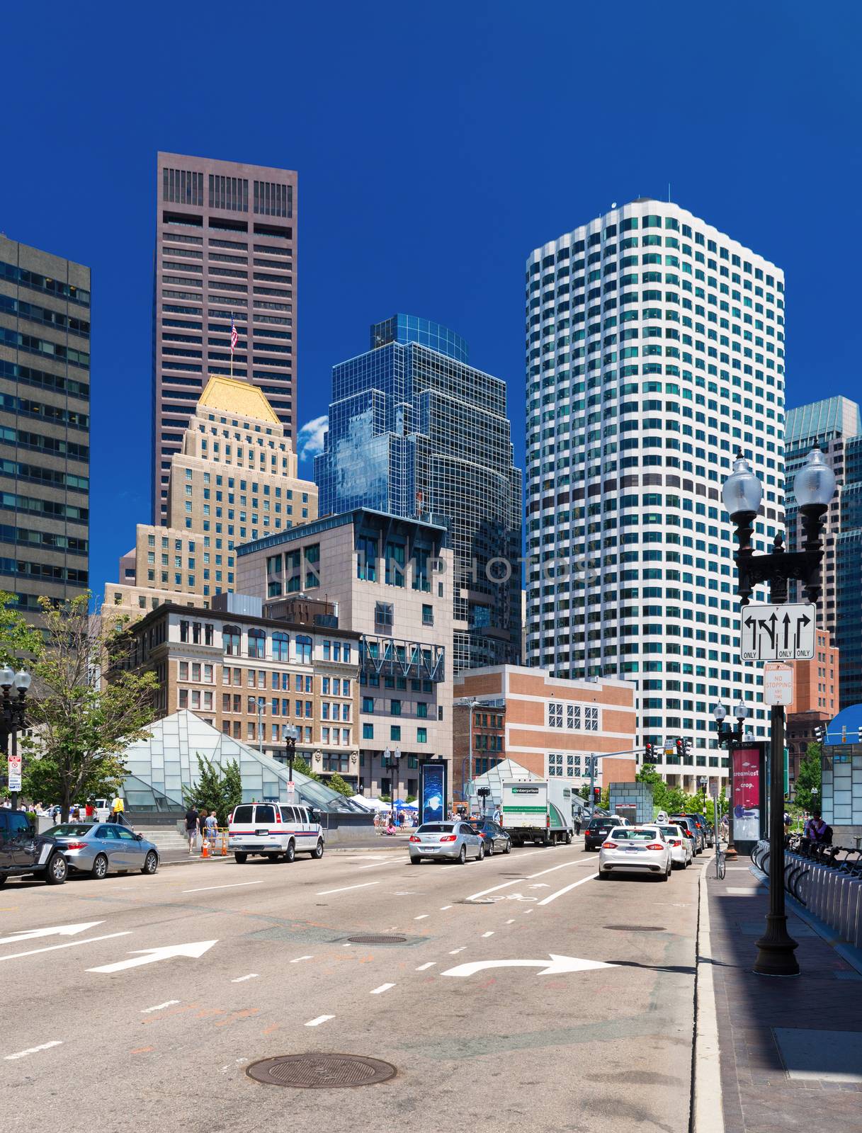 Boston, Massachusetts - June 2016, USA: Skyscrapers in Boston financial district, view on Federal Reserve Plaza park