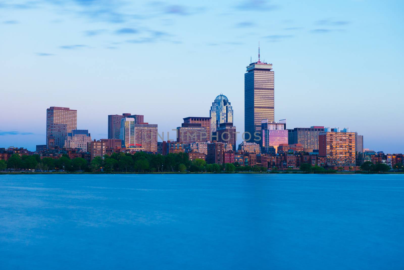 Boston, MA - June 2016, USA: Back Bay skyline during the sunset, view from Charles River