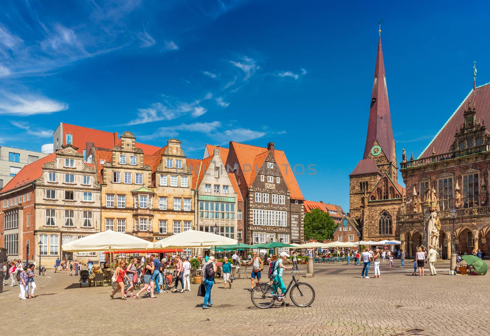 Bremen - July 2018, Germany: View of the central square of the famous German city. Historical buildings in the traditional architectural style