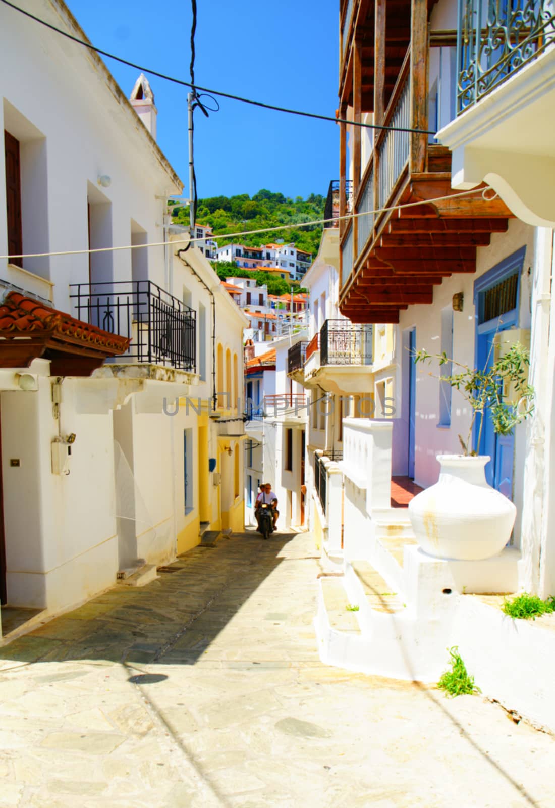 Narrow streets of Skopelos town, Greece