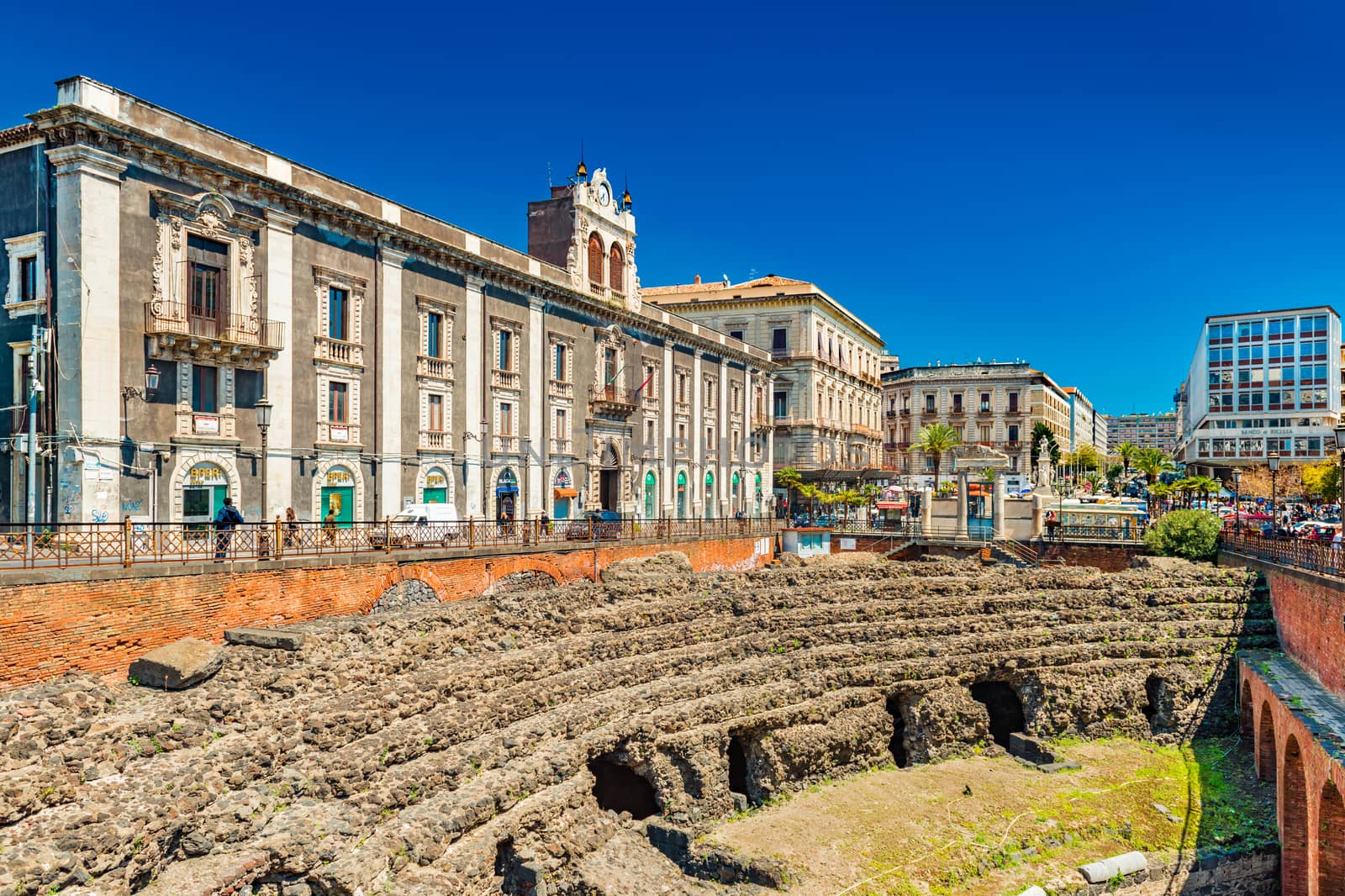 Catania - April 2019, Italy: Roman Amphitheater of Catania, ruins of an ancient theater