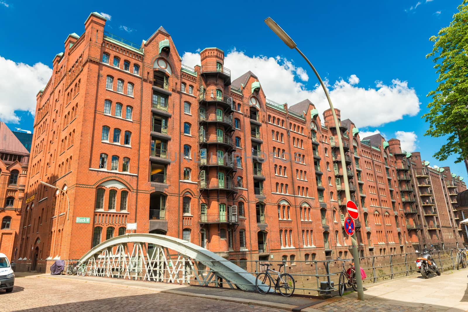 Hamburg - July 2018, Germany: One of the buildings in the HafenCity. Famous part of Hamburg, popular tourist landmark