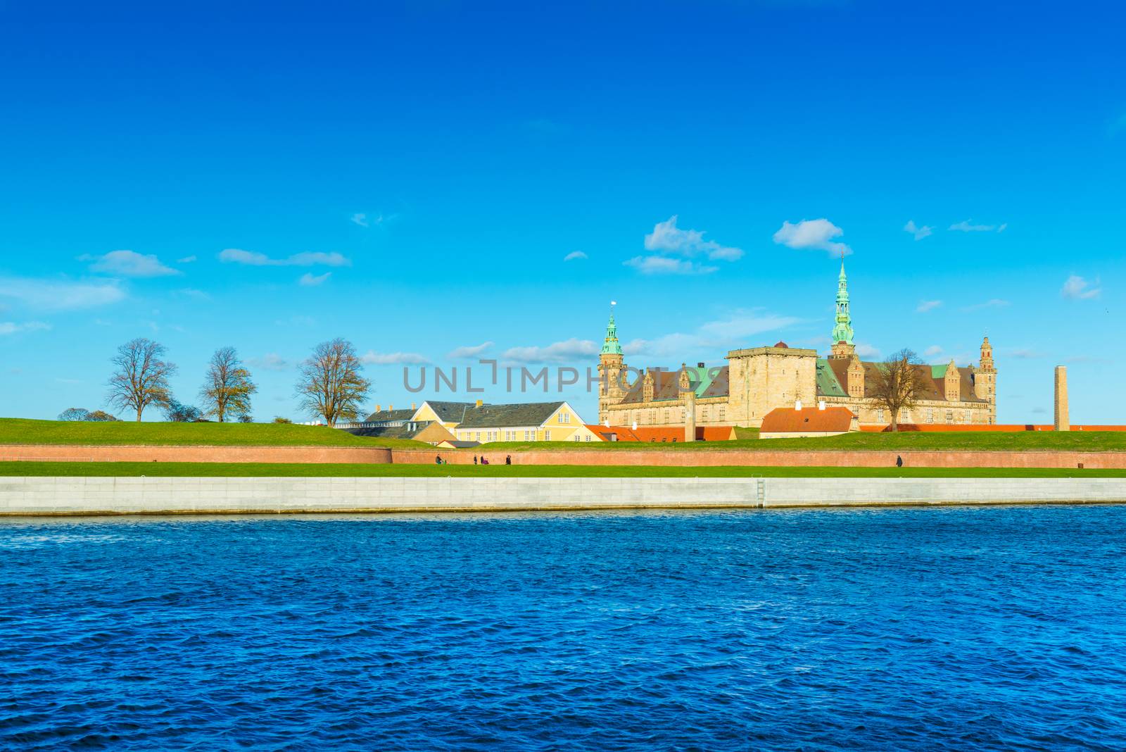 Helsingor - October 2018, Denmark: The famous castle Kronborg also known as Elsinore. Panoramic view of the main landmark of the city, North Sea and blue sky