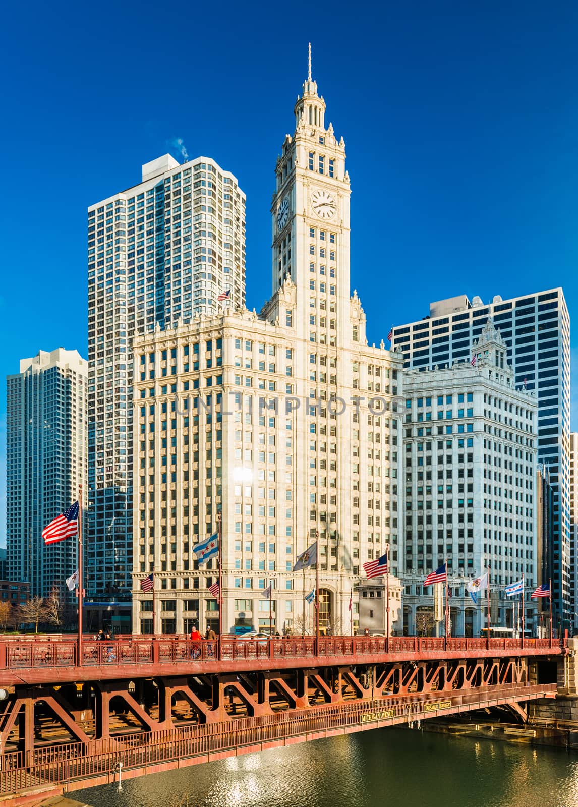 Chicago - March 2017, IL, USA: View of the Wrigley Building and DuSable Bridge in downtown Chicago.