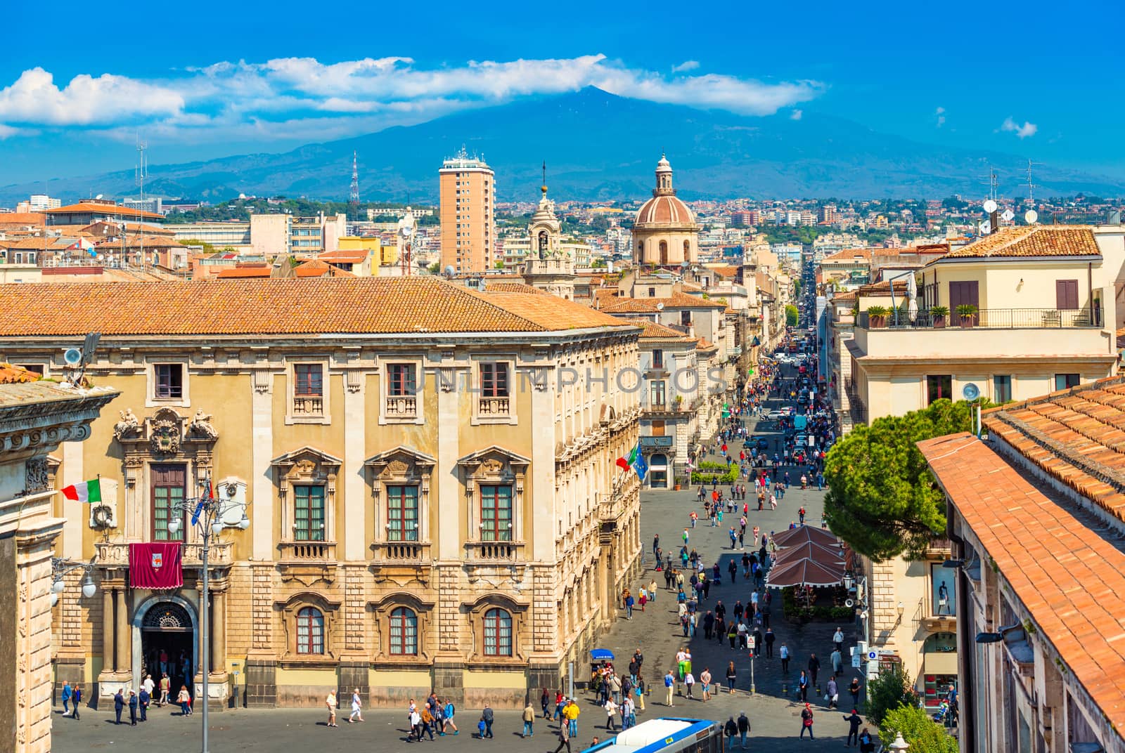 Catania - April 2019, Italy: Panorama of the famous Sicilian city with Mount Etna in the background