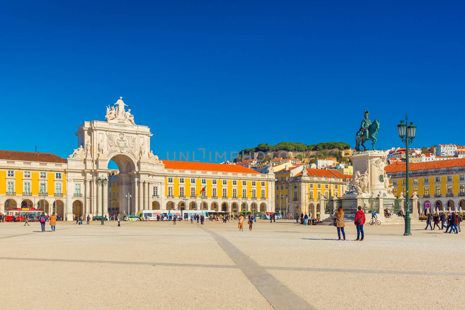 Lisbon - January 2019, Portugal: View of The Central Square of Lisbon (Praça do Comércio) with walking people