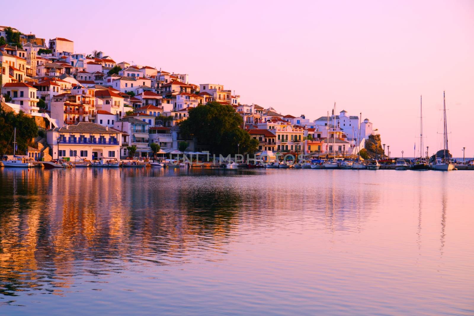 Skopelos town harbour at sunrise