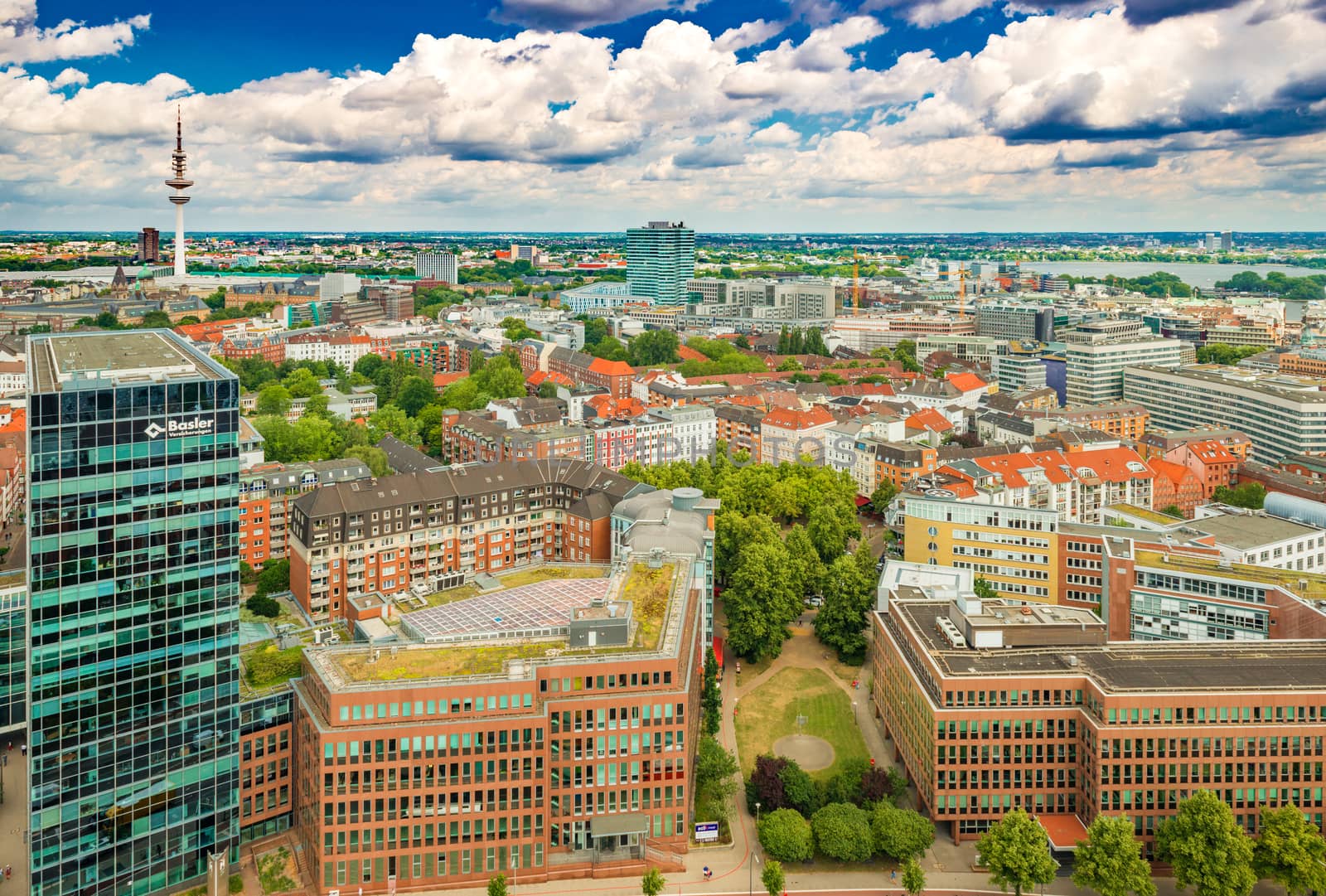 Hamburg - July 2019, Germany: Aerial panorama of a modern German city. Cityscape of downtown Hamburg