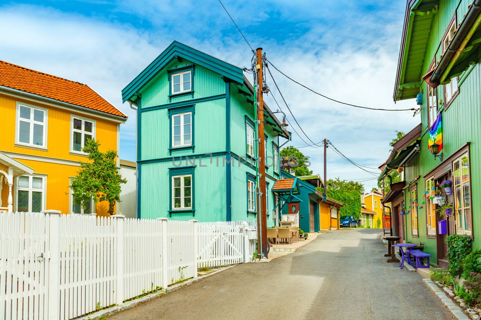 Oslo - June 2019, Norway: Colorful wooden houses on a street of Oslo