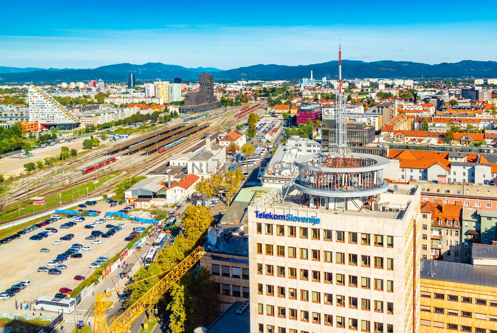 Ljubljana - September 2019, Slovenia: Aerial panorama of Ljubljana, view of the main train station and downtown
