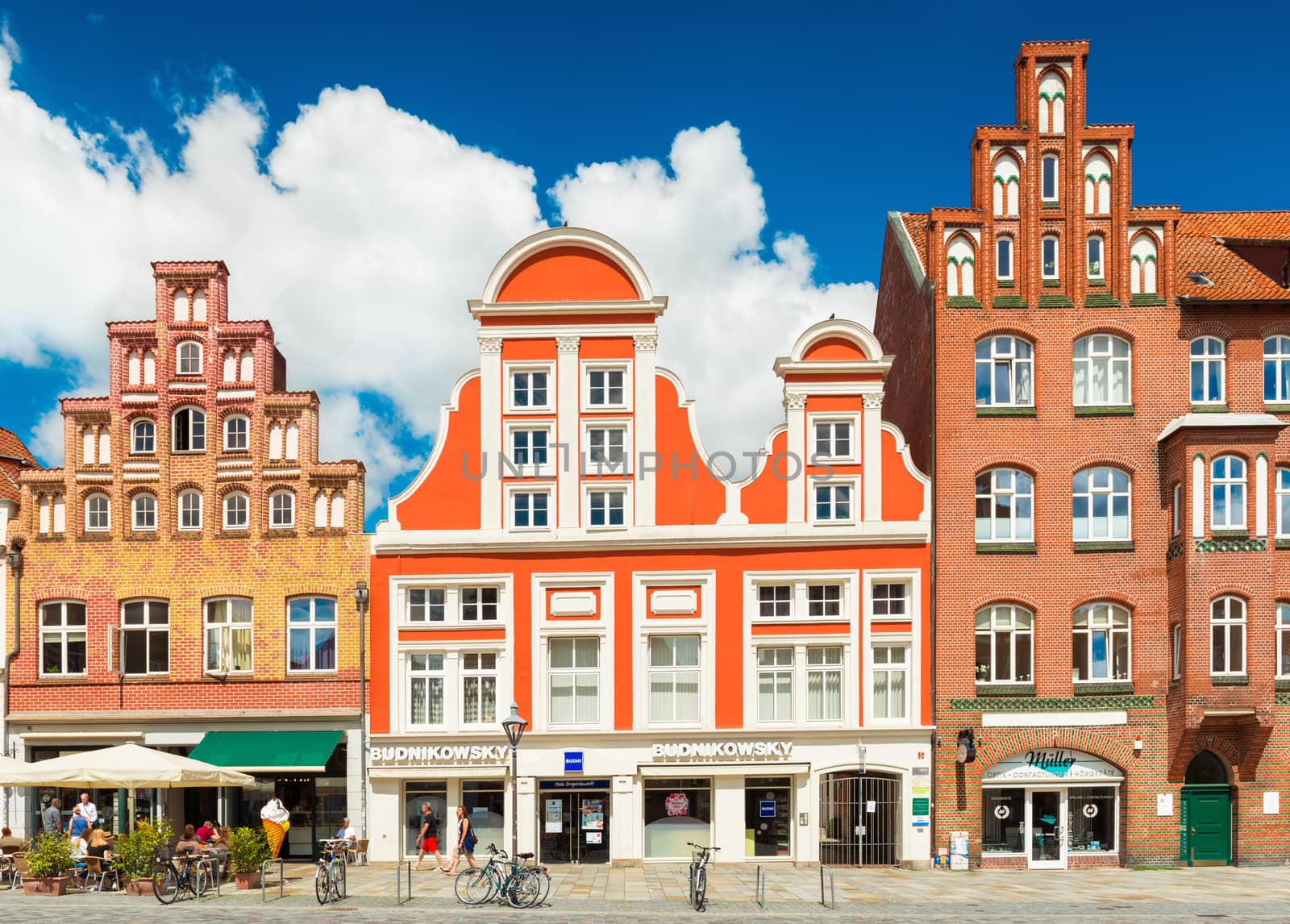 Luneburg - July 2018, Germany: A street with houses in the traditional German architectural style. Colored buildings in old european town. Brick Gothic architecture