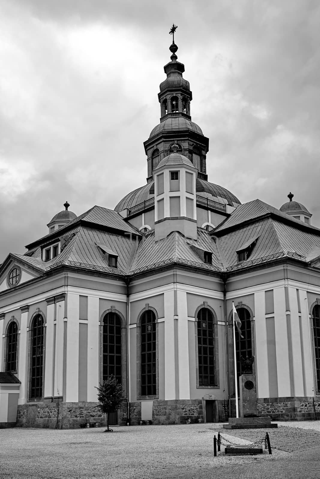 Former Lutheran church in the Baroque style  in Jelenia Gora, black and white