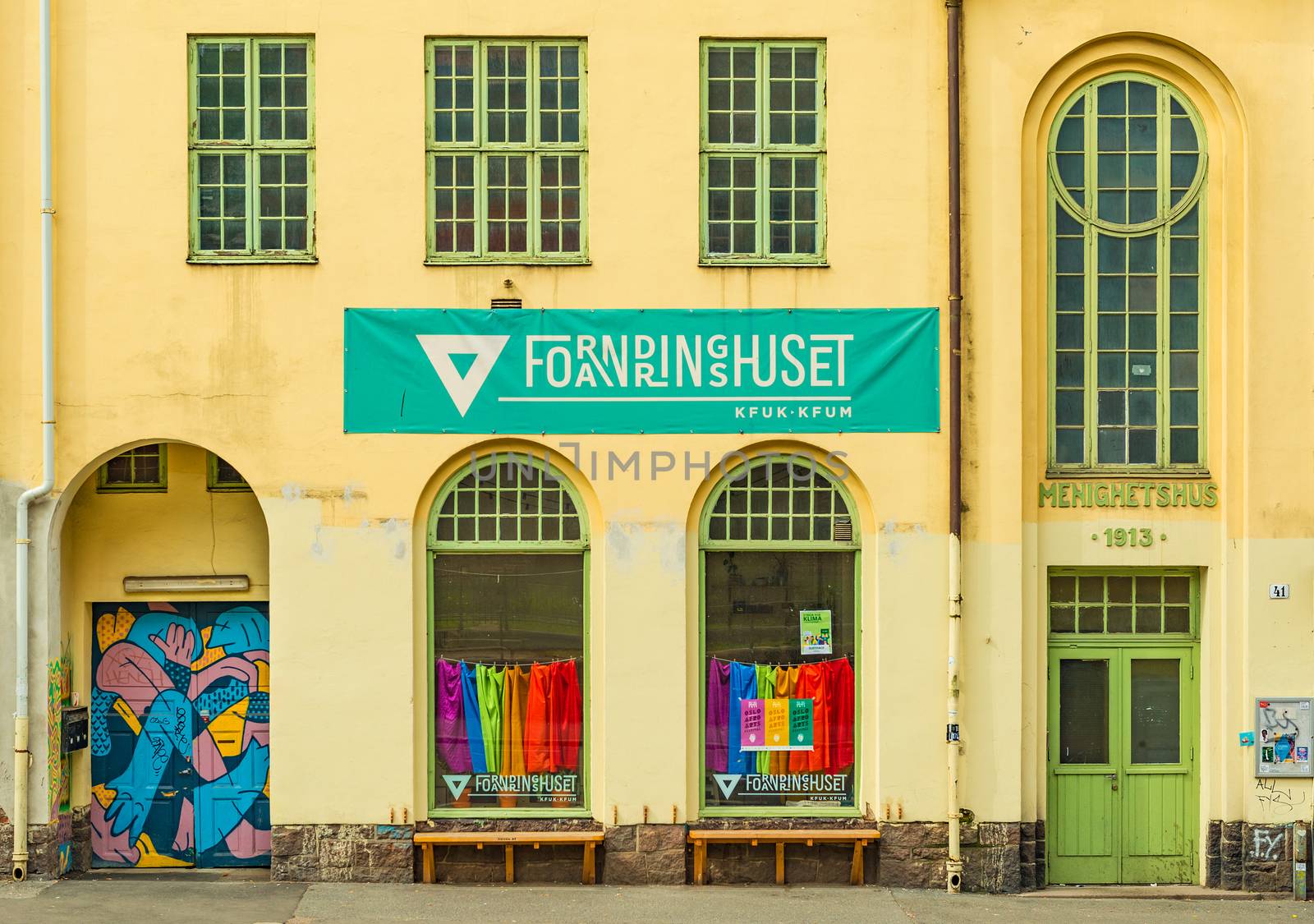 Oslo - June 2019, Norway: View of the Culture and Activity house in Oslo (Forandringshuset). Facade of an old historical building (Menighetshus)