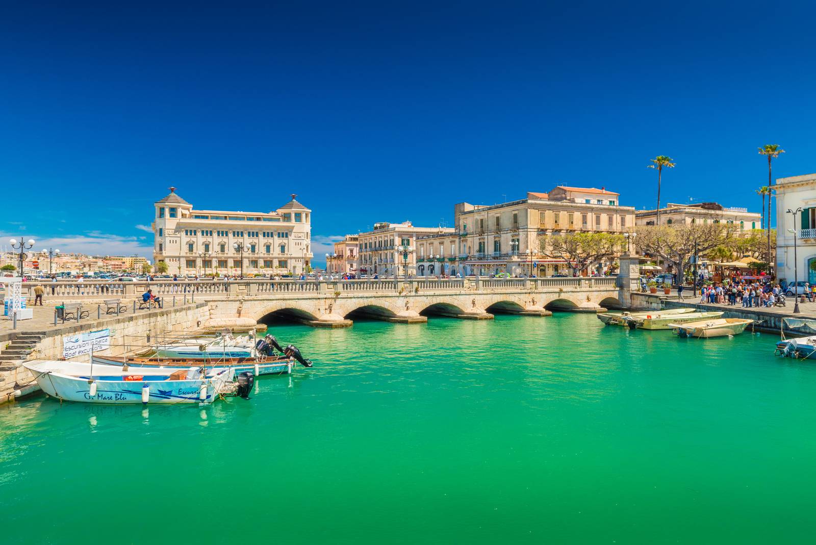 Syracuse - April 2019, Italy: View of the canal and Umbertino bridge between Syracuse and Ortygia