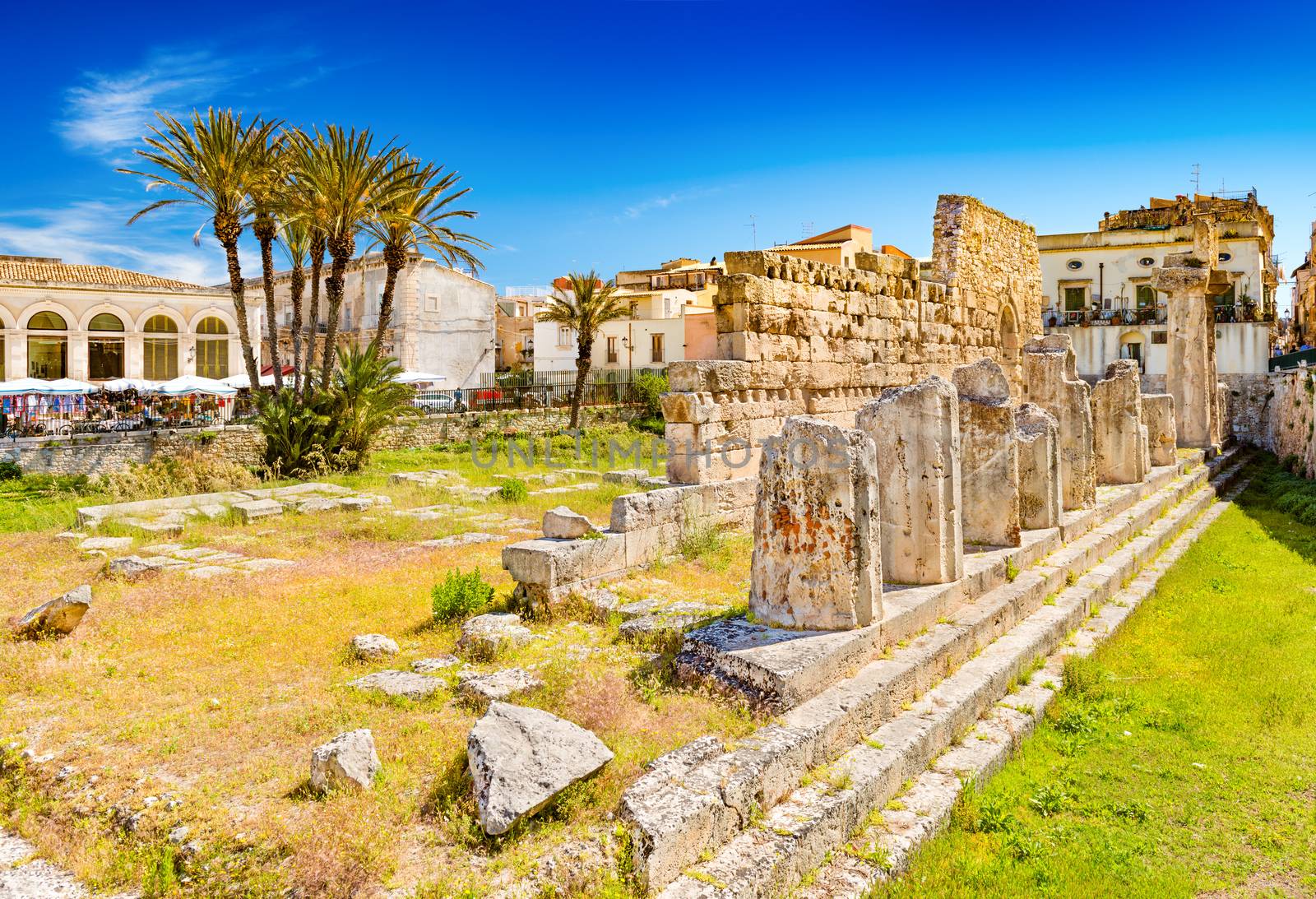 Syracuse - April 2019, Sicily, Italy: The Temple of Apollo in Ortygia Island, one of the major landmarks of the city