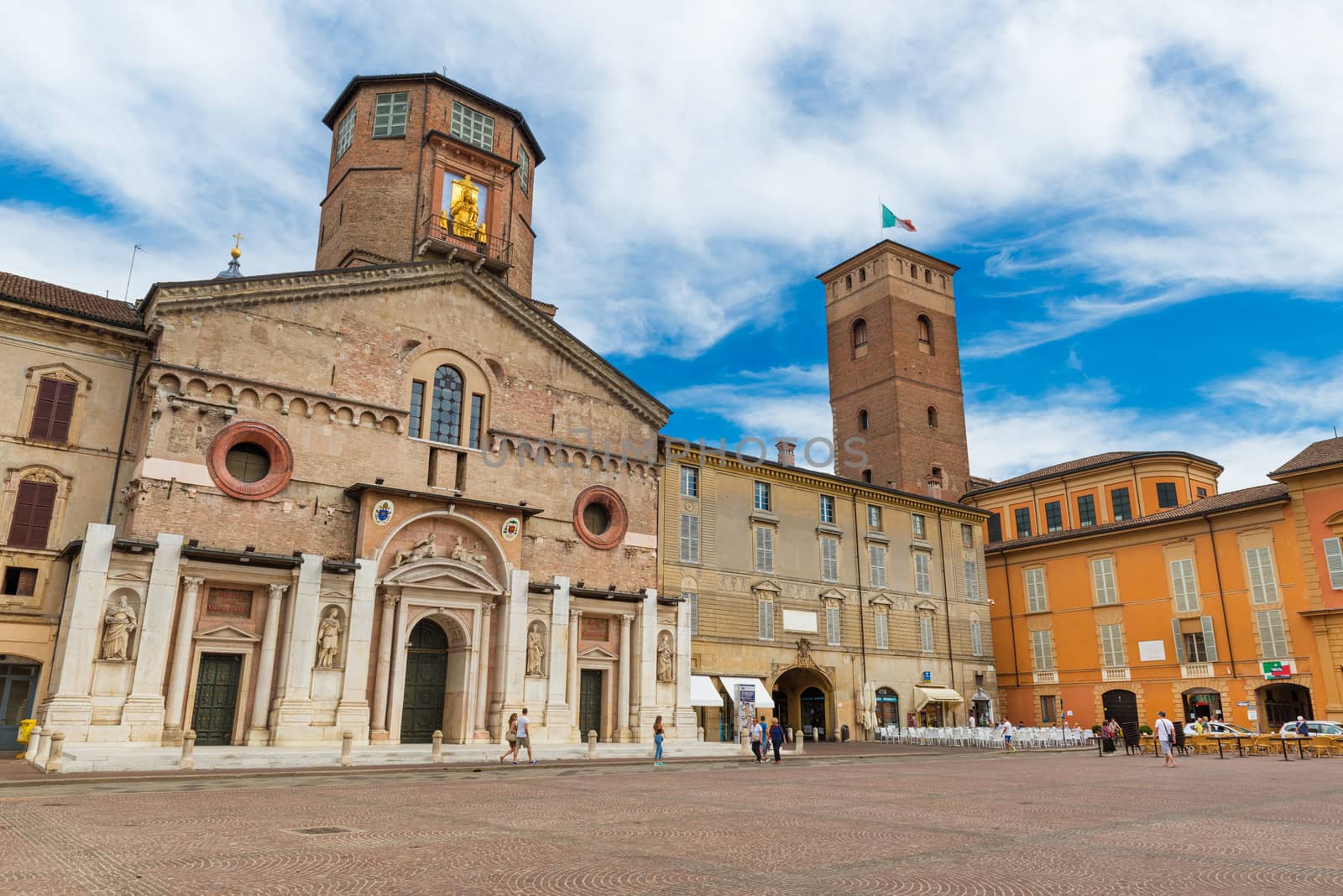 Reggio Emilia - July 2017, Italy: The Central Square of Reggio Emilia (Camillo Prampolini) Old medieval architecture in the historic part of the city