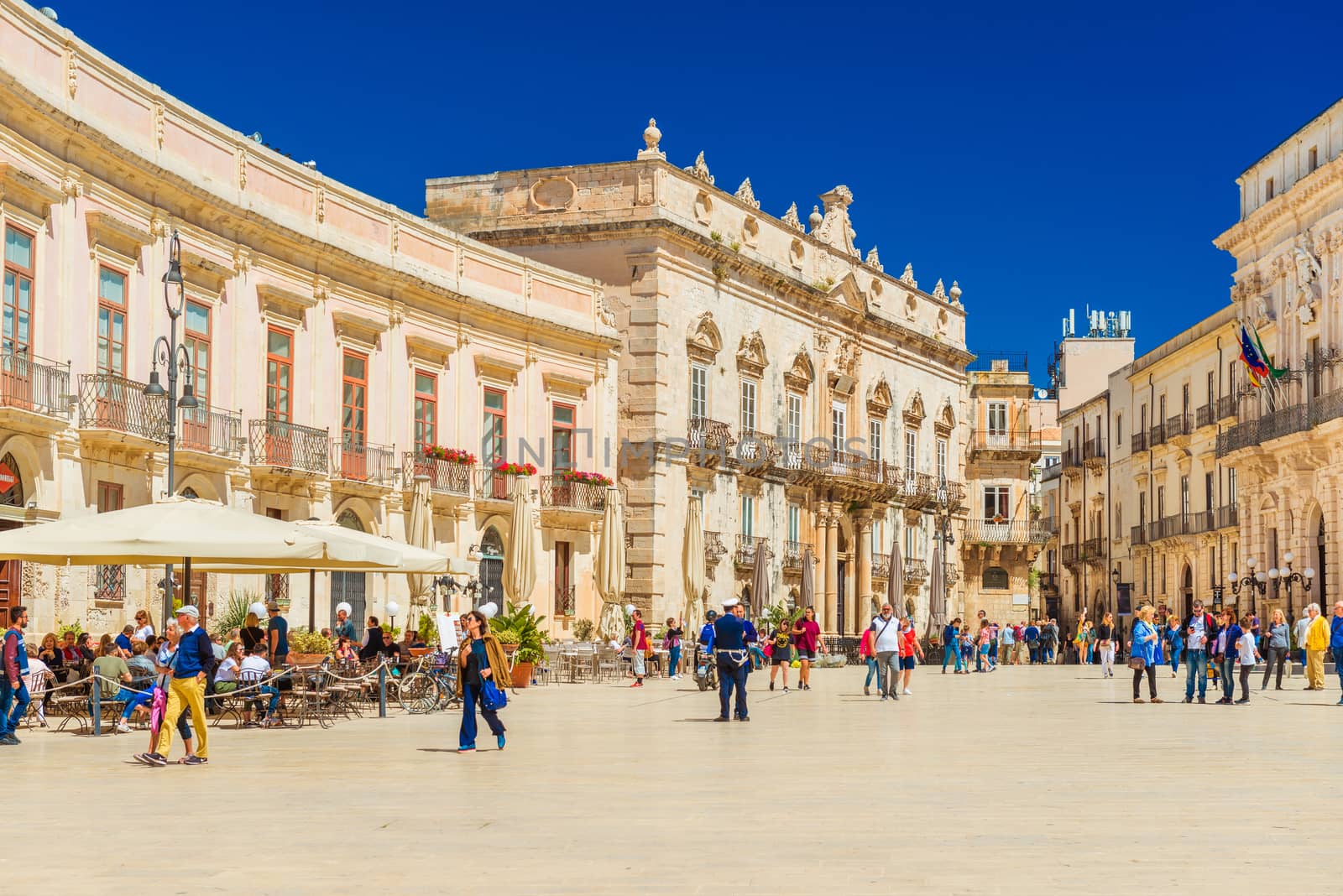Ortygia - April 2019, Sicily, Italy: View of the central square (Piazza Duomo) in Ortigia, the historical part of Syracuse