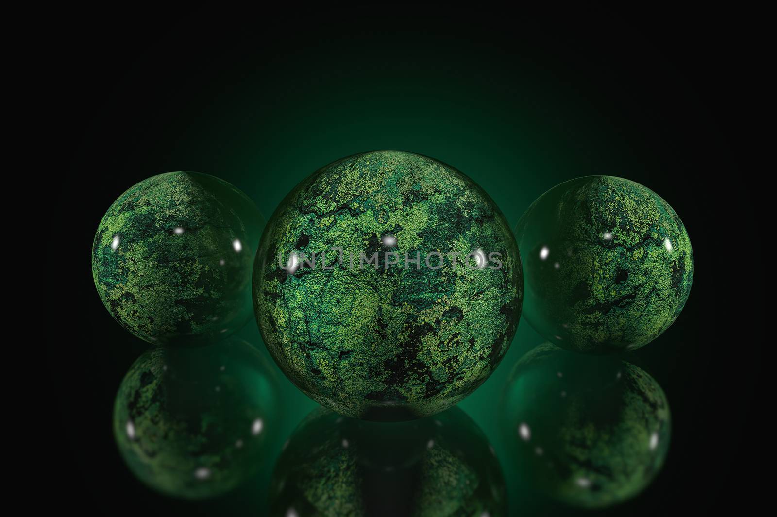 Three glossy spheres on a reflective surface in an empty dark space. 3d illustration of stylized planets on a black background