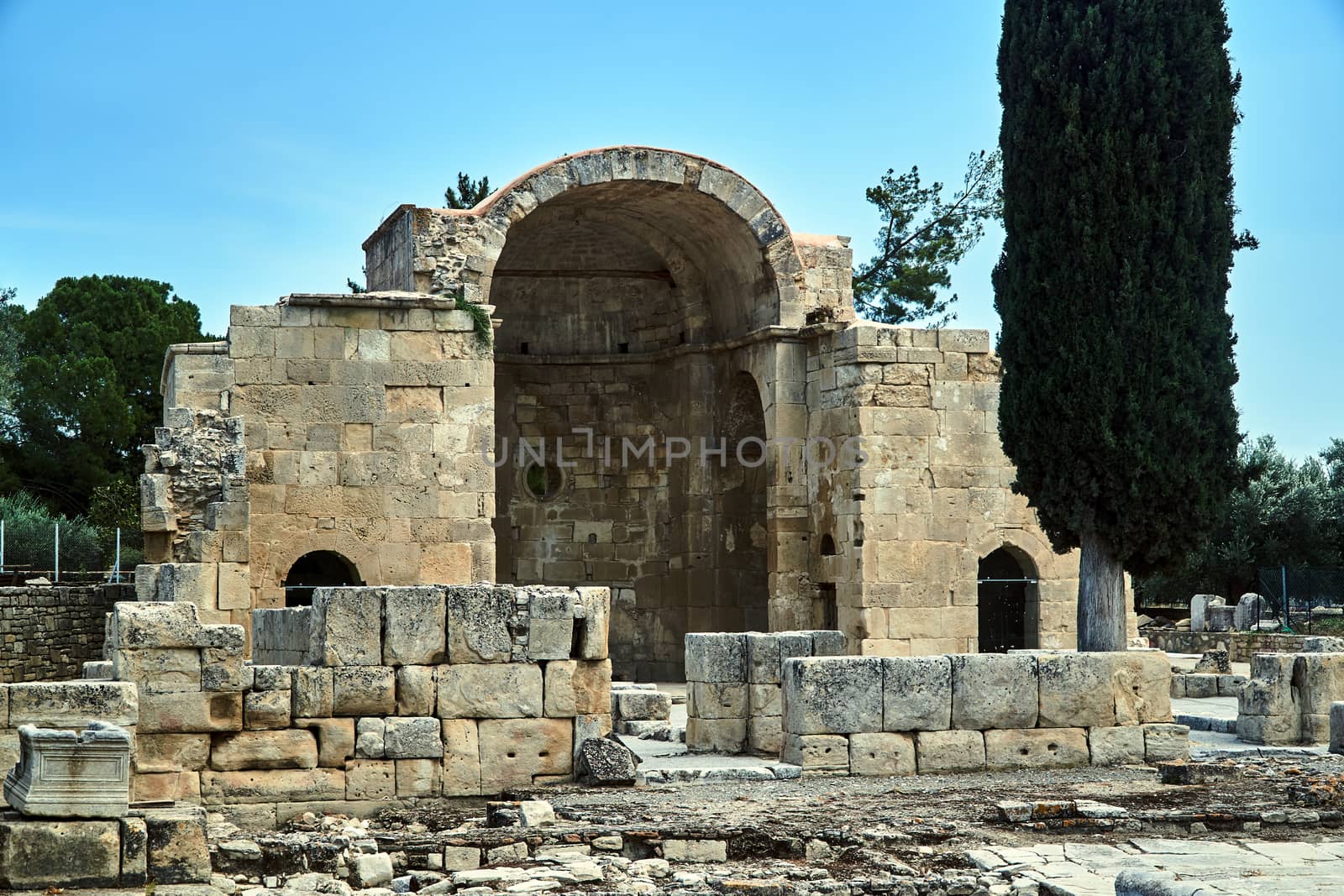 Stone ruins of the ancient Roman city of Gortyn on the island of Crete in Greece