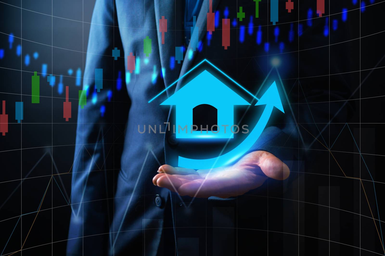 businessman holding home icon with arrow growing up,Real estate stock concept