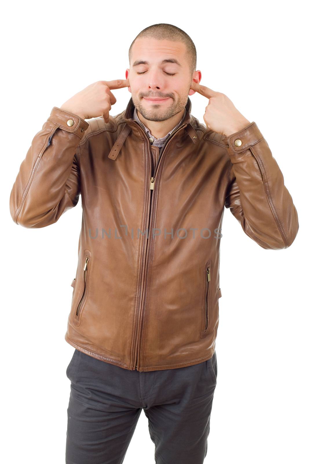 handsome young man covering his ears, isolated white background