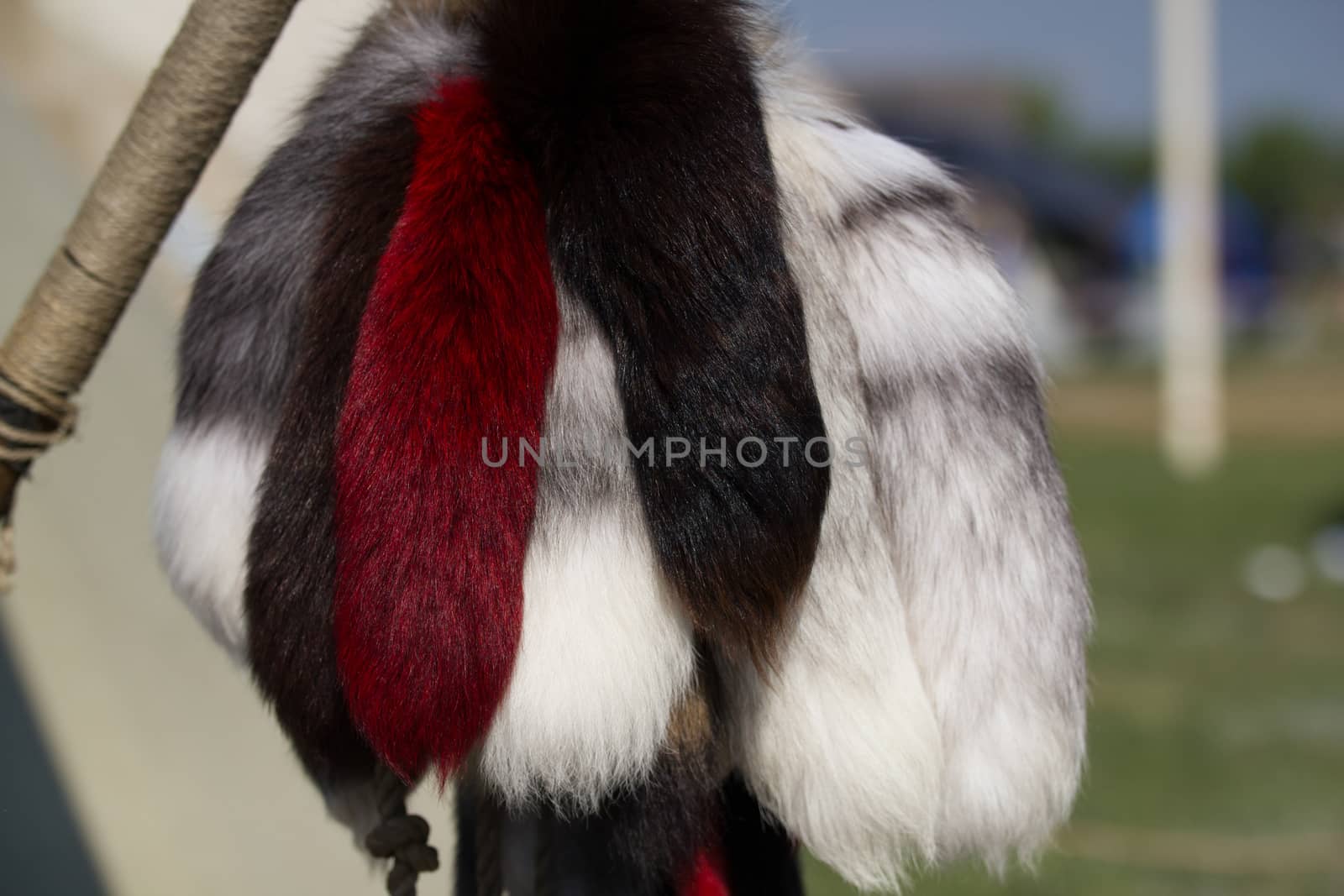 Fur products of different colors in the medieval festival in the foreground by Studia72