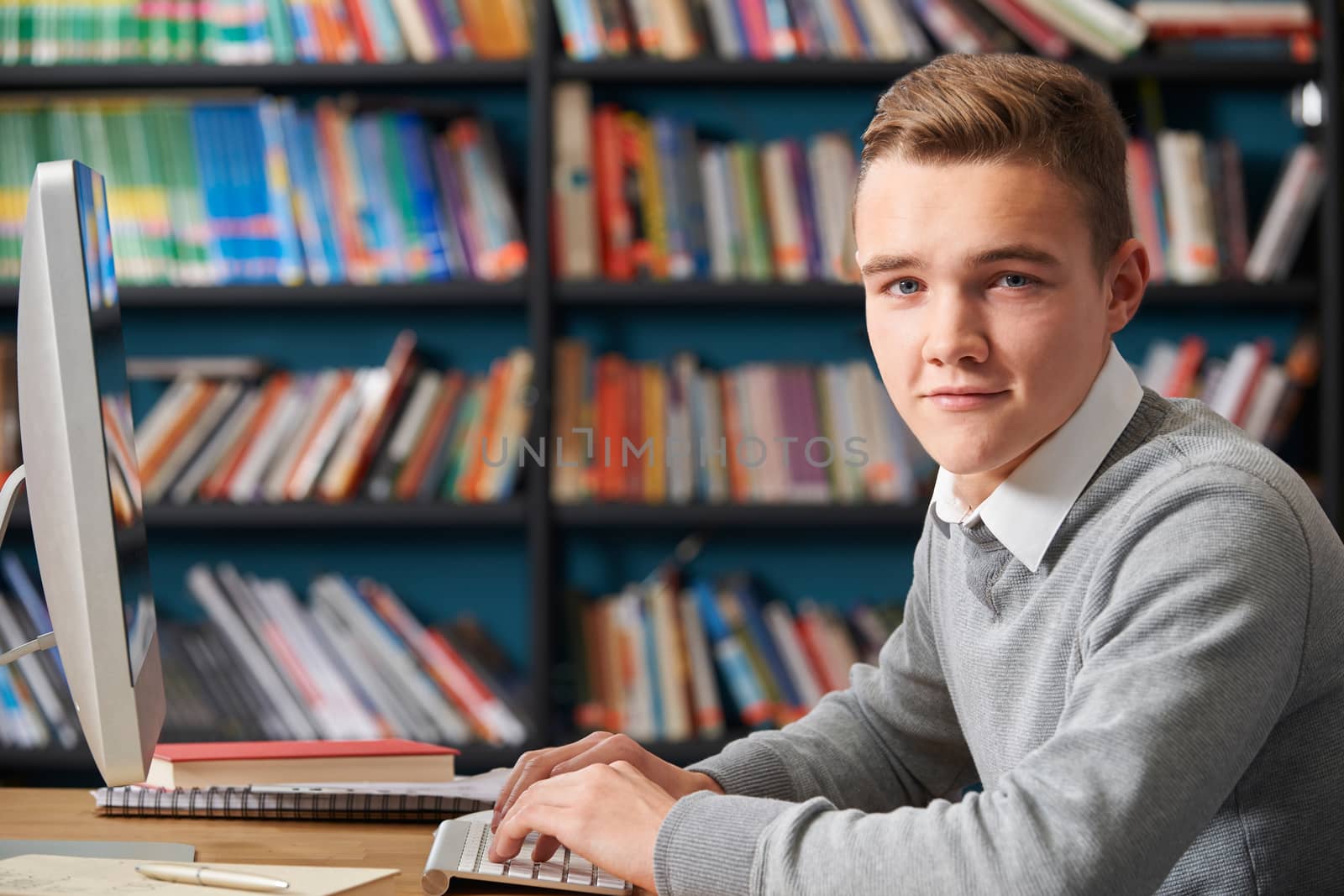 Male Teenage Student Working In Library