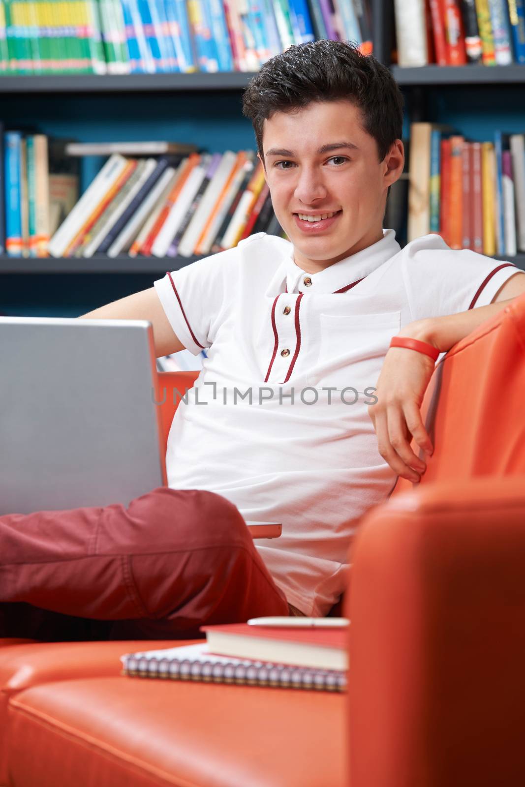 Male Teenage Student With Laptop Working In Library by HWS
