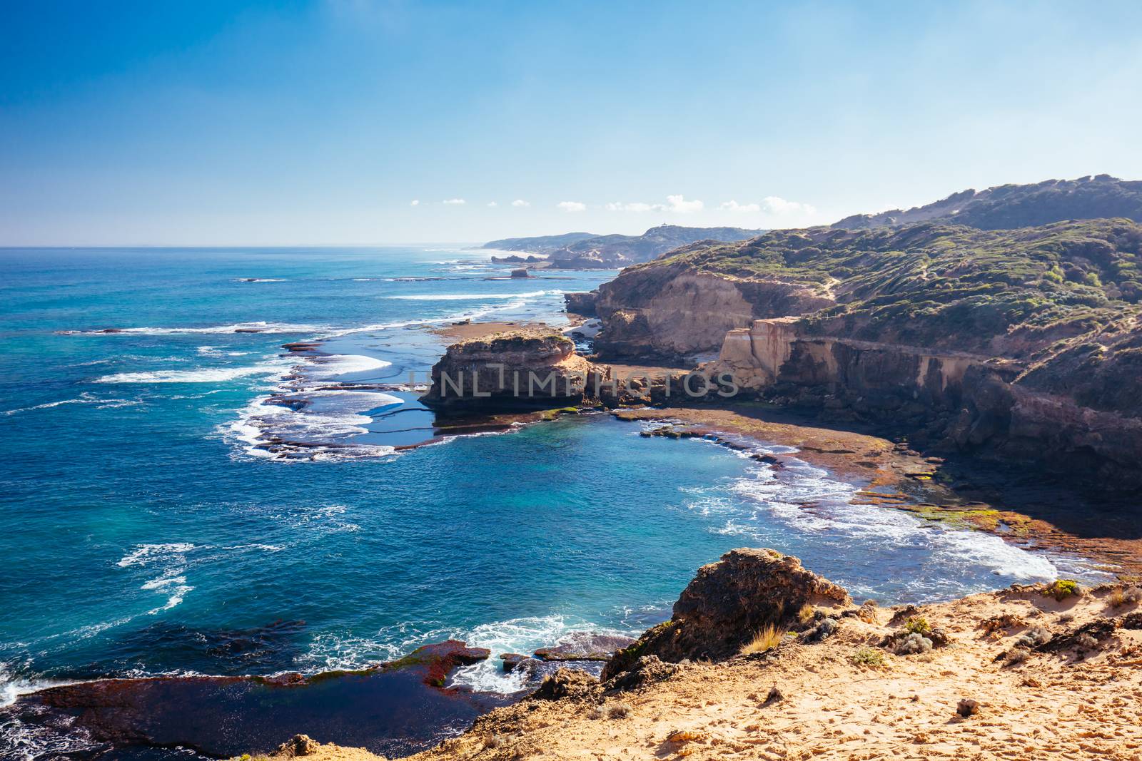 View of Mornington Peninsula coastline around DIamond Bay and Bay of Islands from Jubilee Point on a cool winter's day in Sorrento, Victoria, Australia