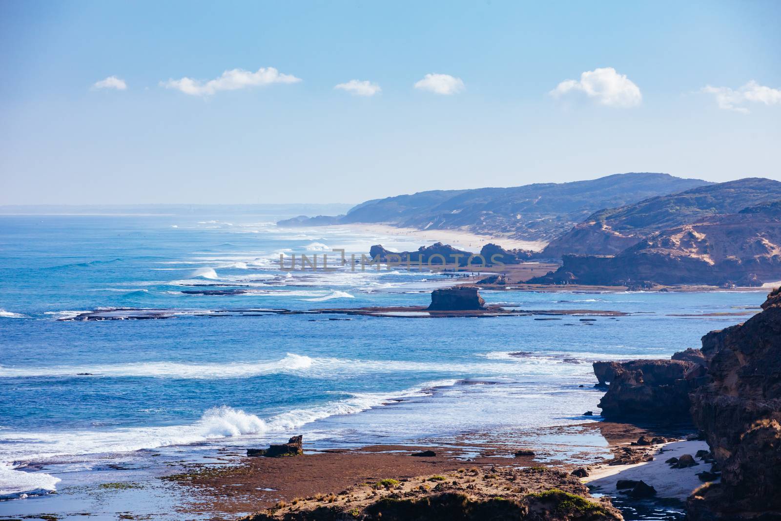 View of Mornington Peninsula coastline around DIamond Bay and Bay of Islands from Jubilee Point on a cool winter's day in Sorrento, Victoria, Australia