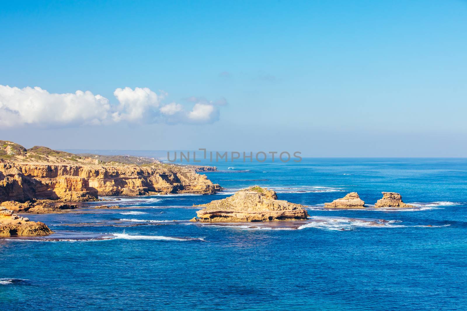 View of Mornington Peninsula coastline around DIamond Bay and Bay of Islands from Jubilee Point on a cool winter's day in Sorrento, Victoria, Australia