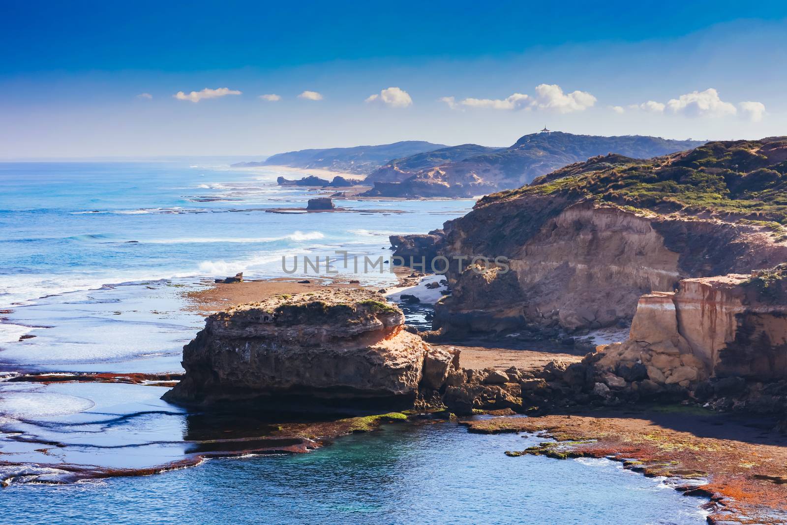 View of Mornington Peninsula coastline around DIamond Bay and Bay of Islands from Jubilee Point on a cool winter's day in Sorrento, Victoria, Australia