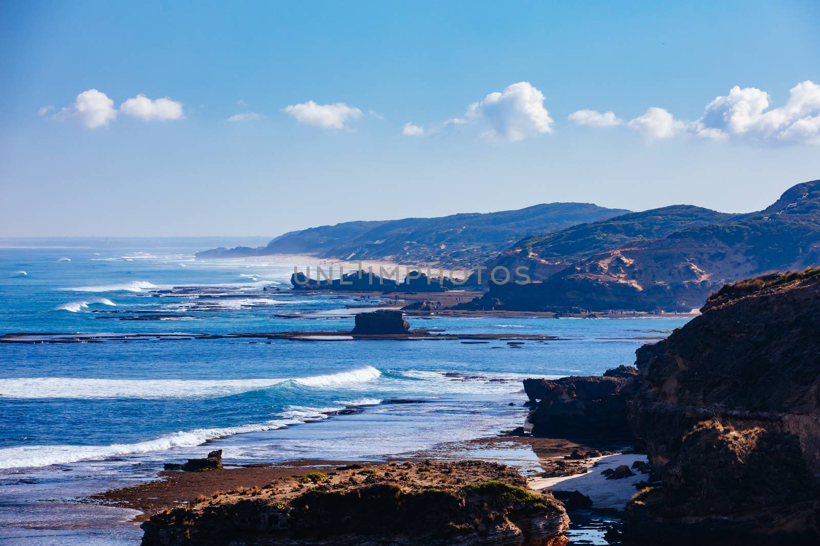 View of Mornington Peninsula coastline around DIamond Bay and Bay of Islands from Jubilee Point on a cool winter's day in Sorrento, Victoria, Australia