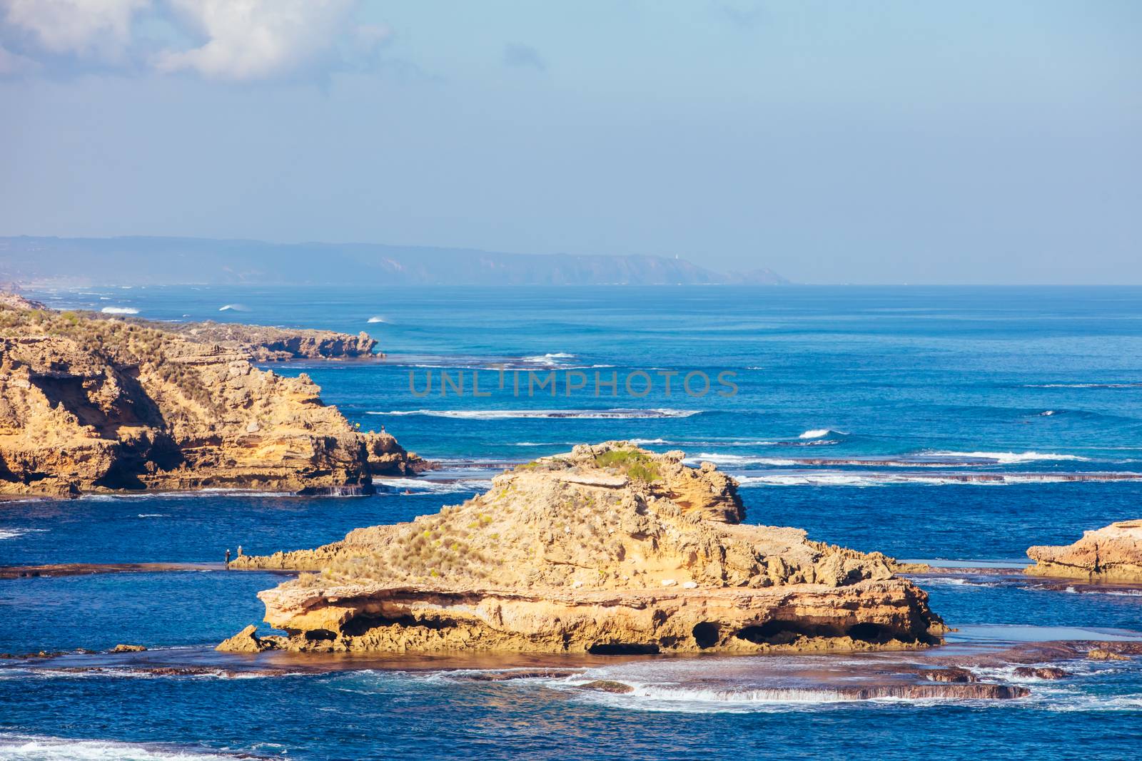 View of Mornington Peninsula coastline around DIamond Bay and Bay of Islands from Jubilee Point on a cool winter's day in Sorrento, Victoria, Australia