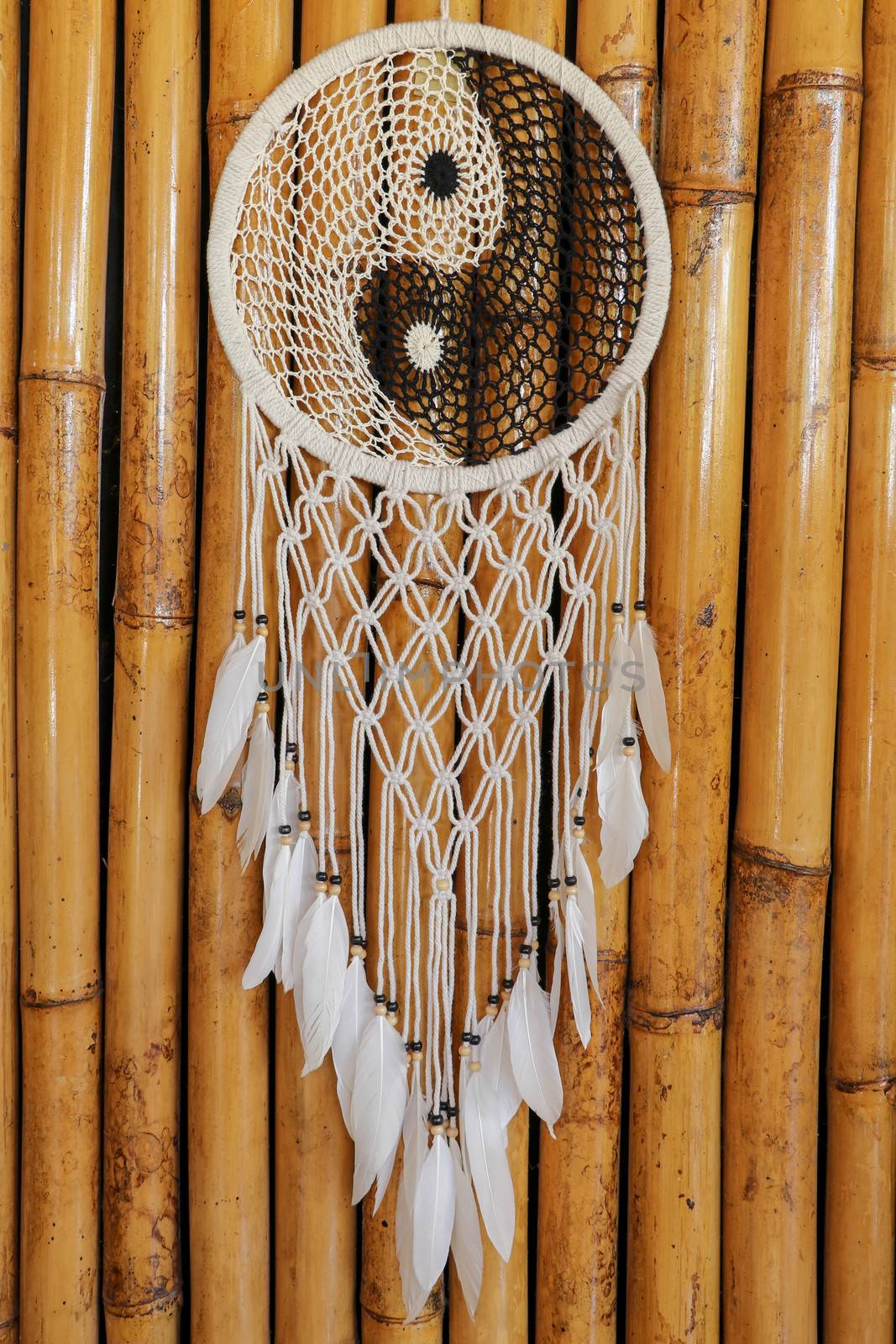 Dream catcher Yin Yang. Knitted Native American amulet with the symbol of Yin Yang on a bamboo background.