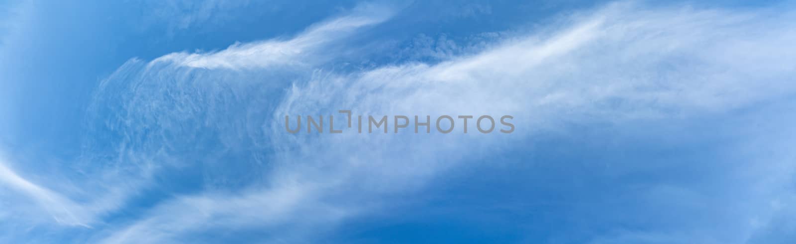 Panorama: White cloud on blue sky background, Fluffy texture, Abstract smoke