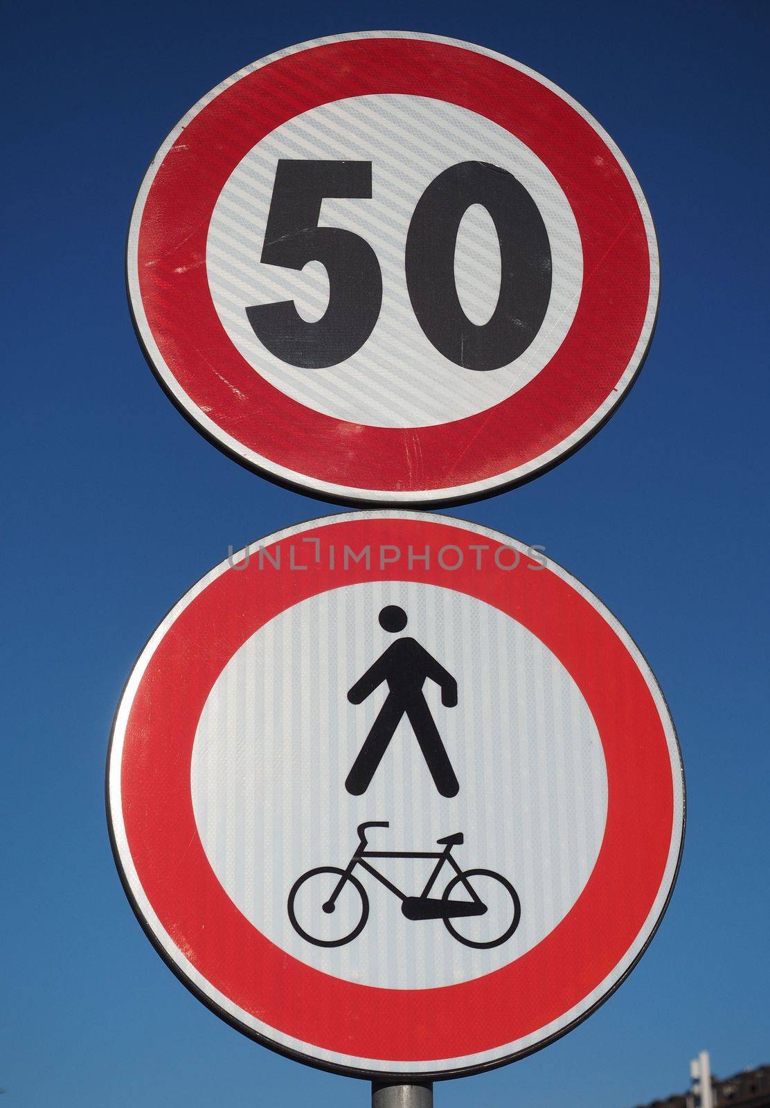 Regulatory signs, maximum speed limit 50 traffic sign, no pedestrians and bikes